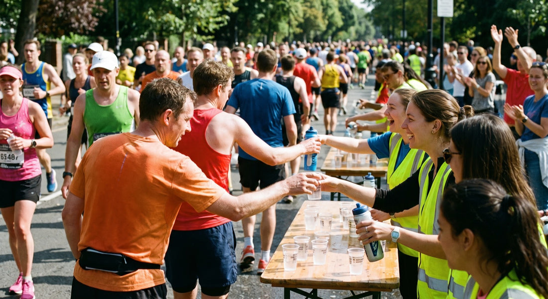 Marathon runners at an aid station with hydration bottles