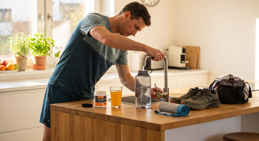 Athlete preparing plain water and a separate electrolyte drink before an outdoor workout