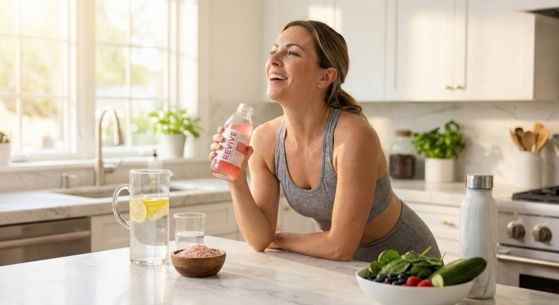 Person with IBS relief drinking electrolyte hydration with Pink Himalayan salt crystals