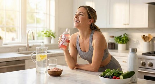 Person with IBS relief drinking electrolyte hydration with Pink Himalayan salt crystals