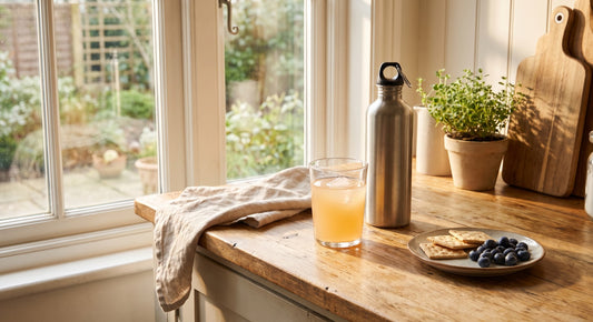 Glass of electrolyte drink with water bottle in morning light