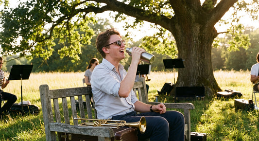 Trumpet player hydrating during outdoor band practice
