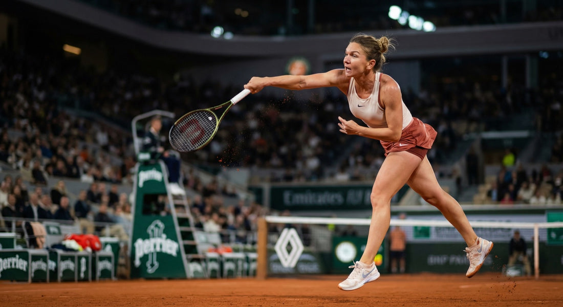 Tennis player serving with explosive power and athletic form on clay court