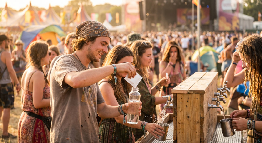Festival attendee mixing electrolyte packet into water bottle near refill station