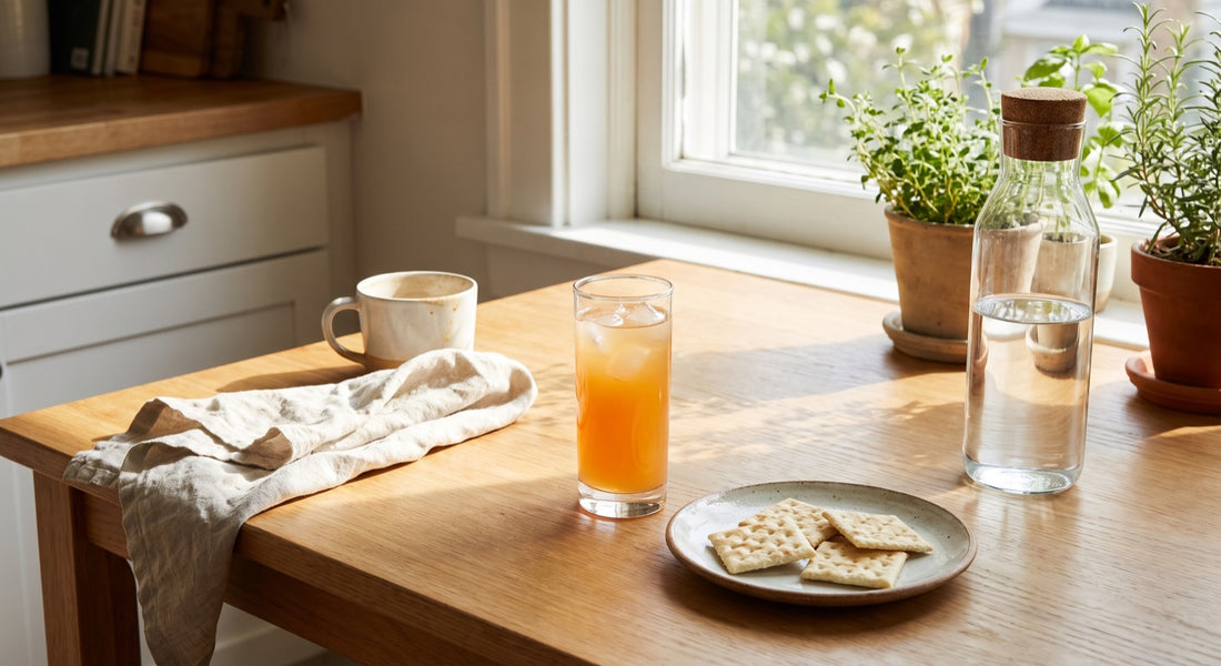 Glass of electrolyte drink with saltine crackers on a sunny morning kitchen table
