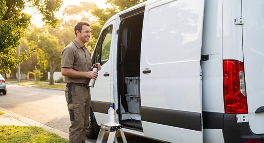 Delivery driver hydrating beside a van on a hot route