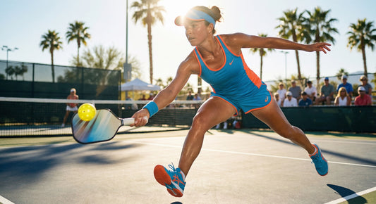 Pickleball player mid-game on outdoor court