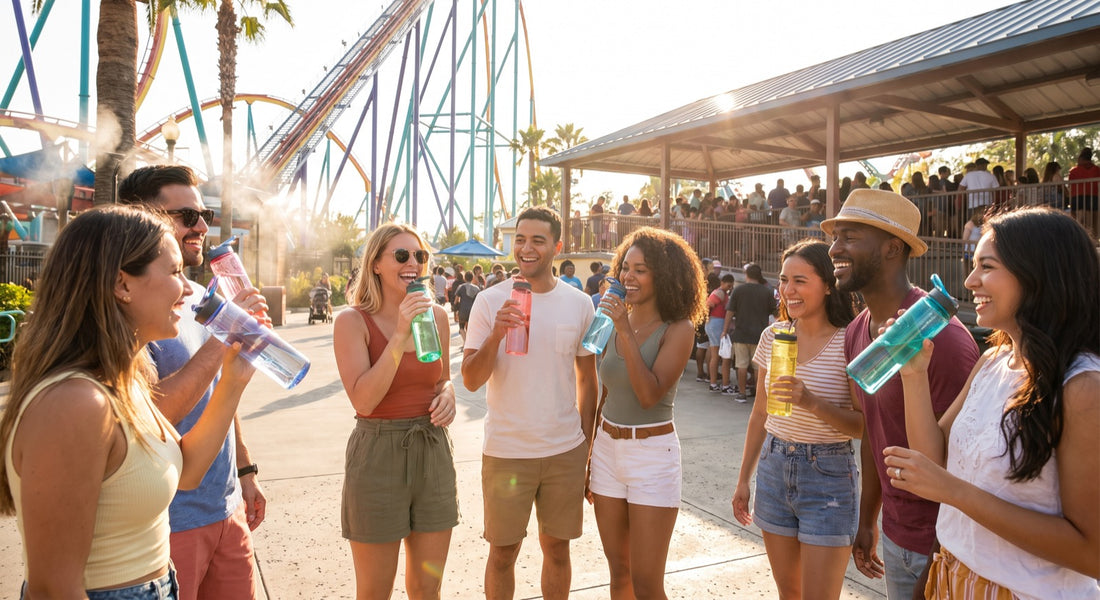 Adults carrying refillable water bottles during a sunny amusement park day