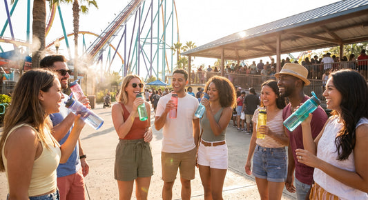 Adults carrying refillable water bottles during a sunny amusement park day