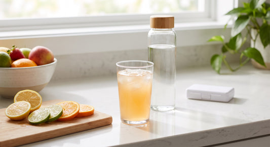 Glass of electrolyte drink on a bright kitchen counter for semaglutide hydration article