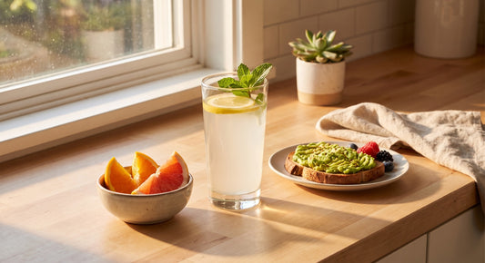 Glass of electrolyte water with citrus and breakfast in morning light