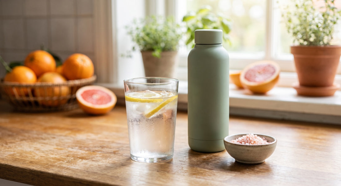 Glass of water and Pink Himalayan salt on a bright kitchen counter
