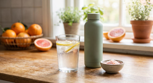 Glass of water and Pink Himalayan salt on a bright kitchen counter