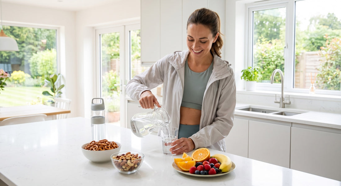 Active person pouring an electrolyte drink beside salty snacks and fruit