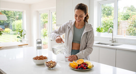 Active person pouring an electrolyte drink beside salty snacks and fruit
