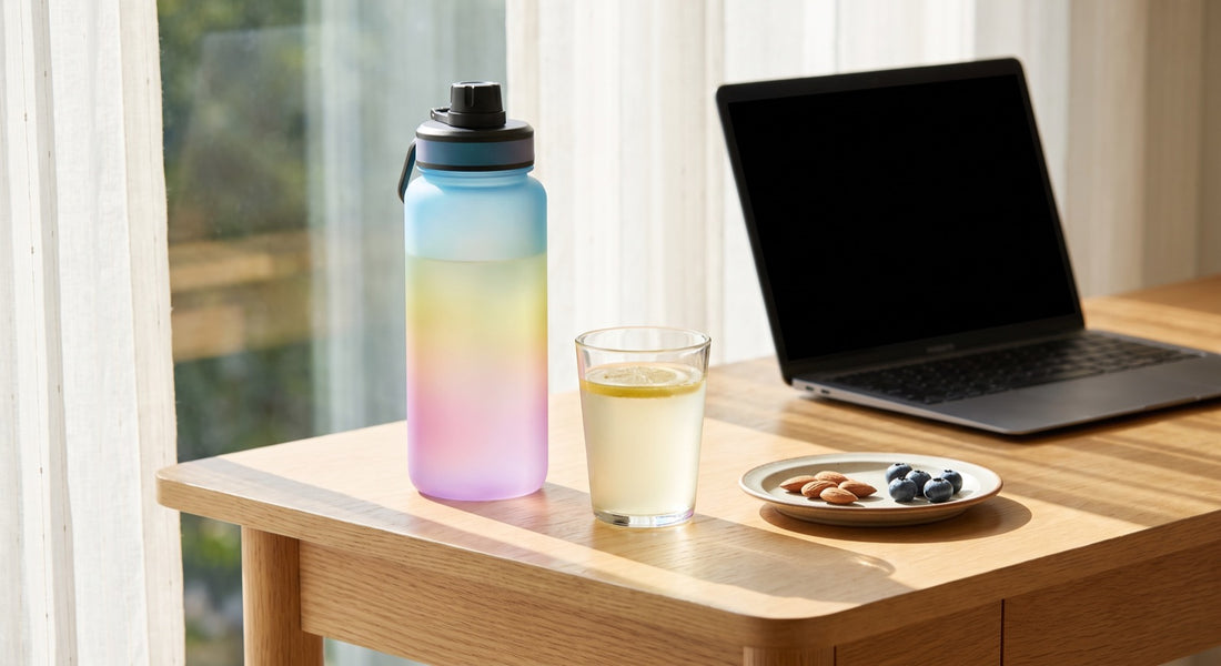 Desk hydration setup with electrolyte drink and snack