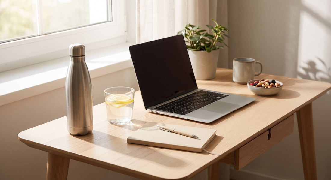 Water bottle and clear electrolyte drink on a morning work desk