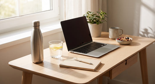 Water bottle and clear electrolyte drink on a morning work desk