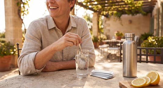 Person stirring an electrolyte drink at a sunny outdoor table