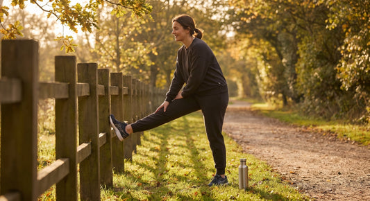Beginner runner stretching calves after an easy run with a water bottle nearby