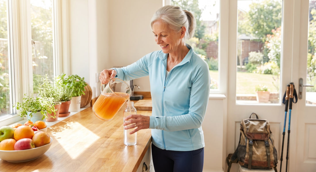Older adult preparing an electrolyte drink before a warm morning walk