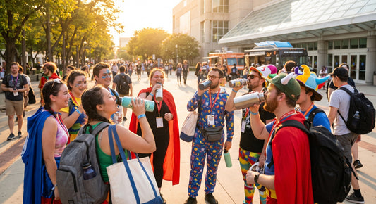Convention attendees taking a hydration break during a warm event day