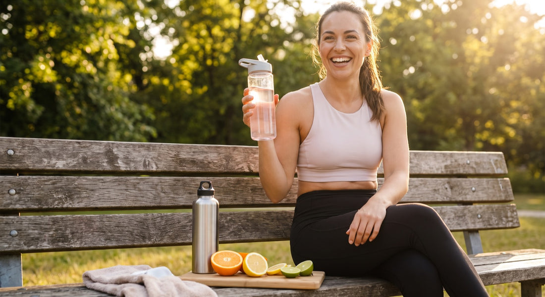Person with water bottle and electrolyte drink after an outdoor workout