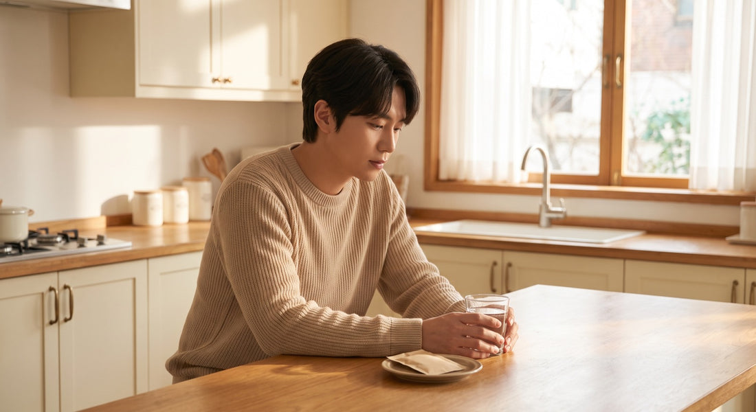Person at a kitchen counter in morning light sipping an electrolyte drink — Strattera hydration guide