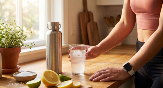 Sugar-free electrolyte hydration drink on a sunny kitchen counter