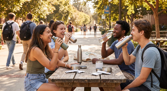 Students hydrating on a sunny campus between classes