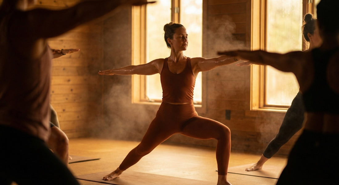 Woman holding warrior pose in hot yoga studio