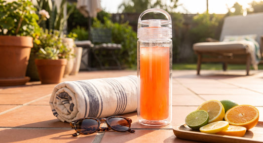Hot weather hydration bottle with electrolyte drink on a sunny patio