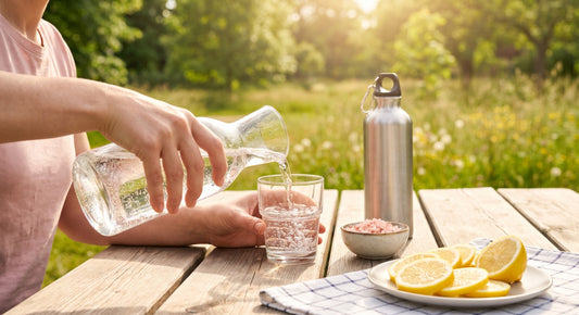 Person pouring water into a glass at a sunny outdoor table with lemon slices and pink Himalayan salt