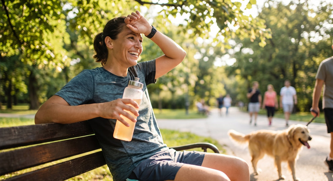 Active person cooling down with an electrolyte drink on a hot sunny day