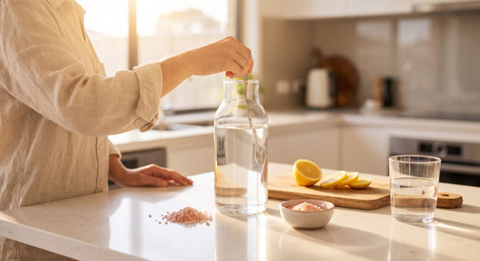 Glass bottle of water with Pink Himalayan salt and lemon slices on a sunny kitchen counter