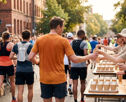 Marathon runners taking cups at an aid station