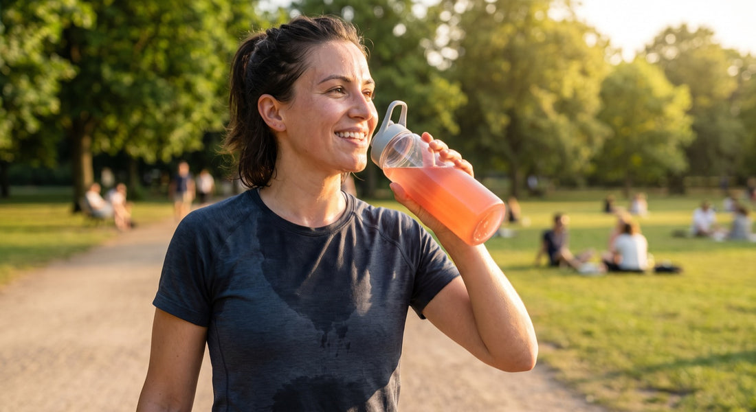 Heavy sweater drinking an electrolyte beverage after an outdoor workout