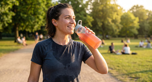 Heavy sweater drinking an electrolyte beverage after an outdoor workout