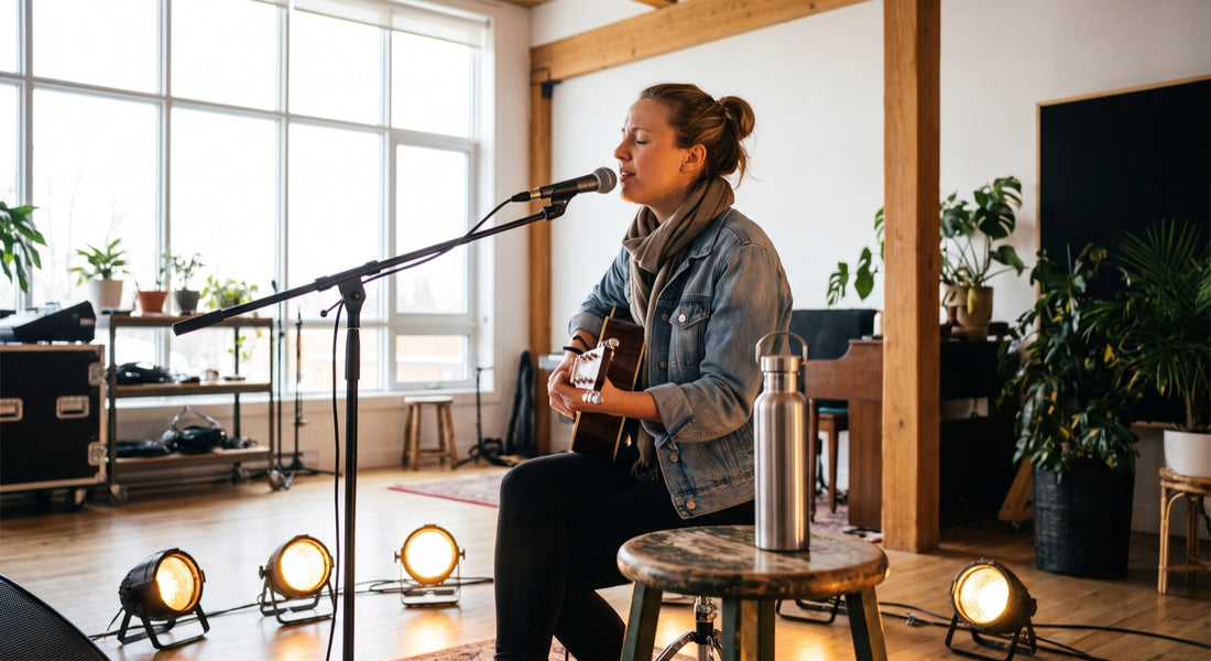 Singer rehearsing with water nearby in a bright studio