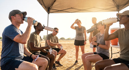 Outdoor hot weather field training hydration break with water bottles