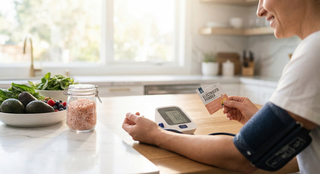 Person checking blood pressure with monitor holding electrolyte powder packet with Pink Himalayan salt crystals