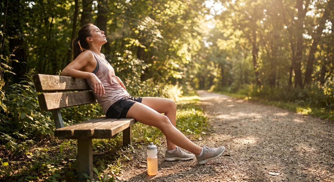 Runner resting after a hot summer run with an electrolyte bottle