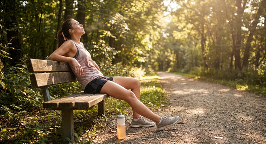 Runner resting after a hot summer run with an electrolyte bottle