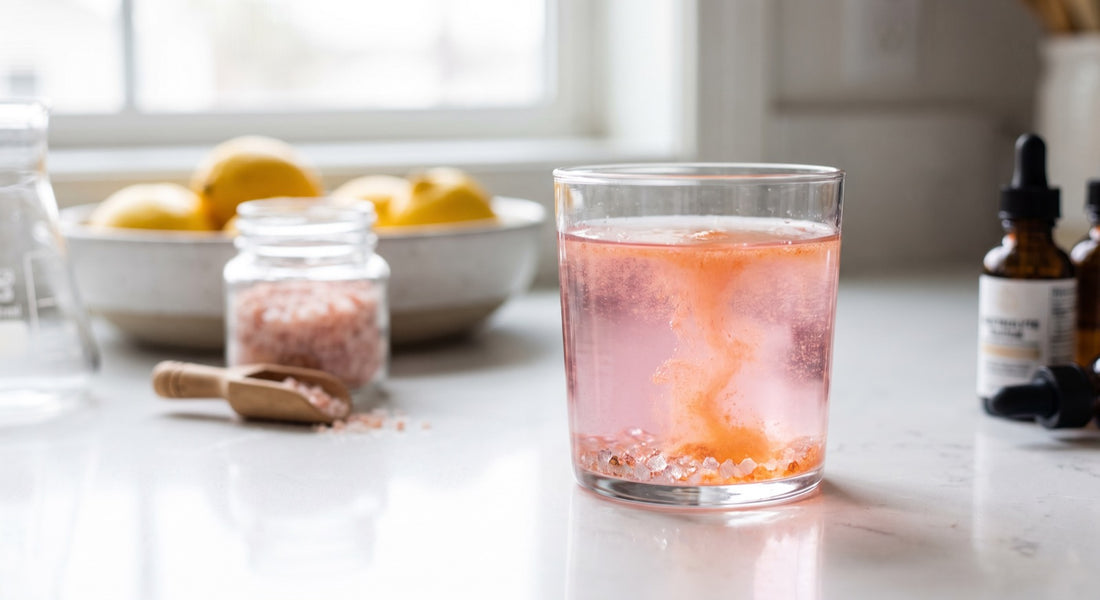 Glass of water with electrolyte powder dissolving, Pink Himalayan salt crystals in morning light