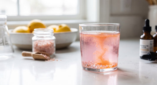 Glass of water with electrolyte powder dissolving, Pink Himalayan salt crystals in morning light