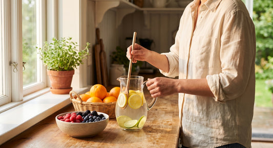 Person stirring a pitcher of lemon lime water on a sunny kitchen counter with fresh fruit