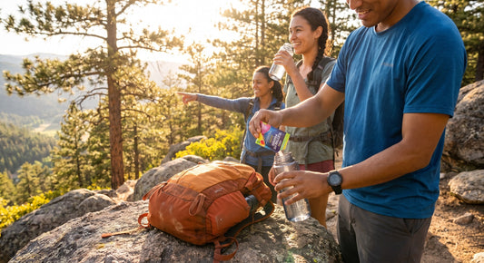 Hikers taking a hydration break on a sunny mountain trail
