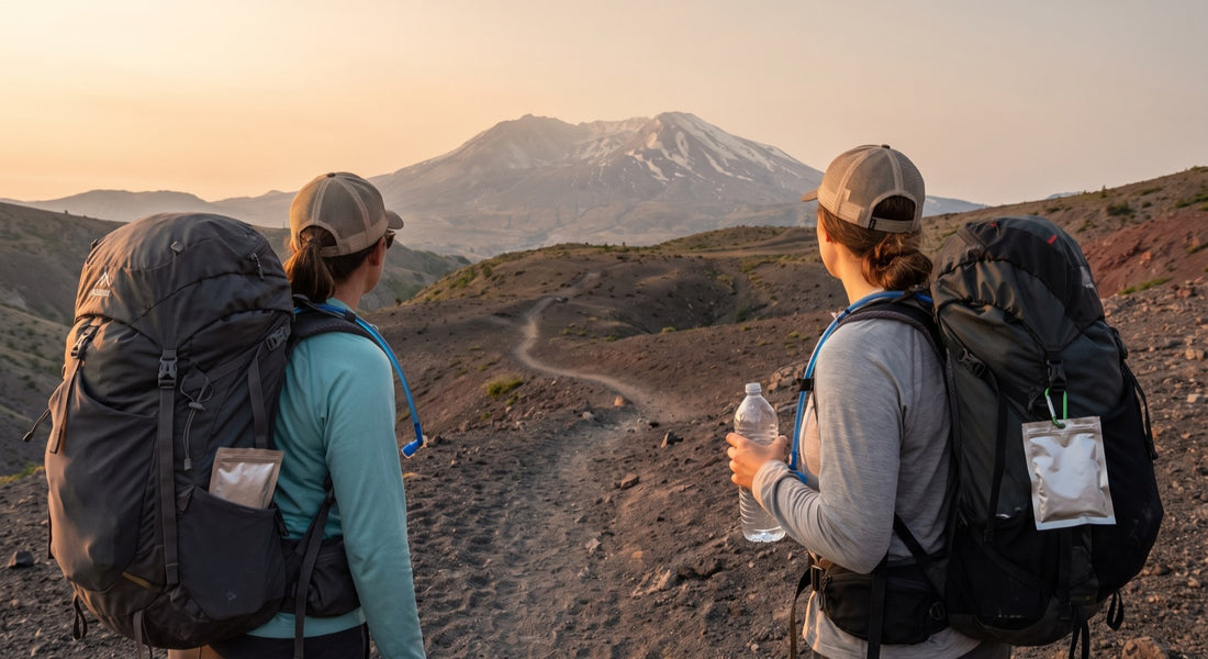 Hikers carrying hydration on a volcanic ash trail near Mount St. Helens