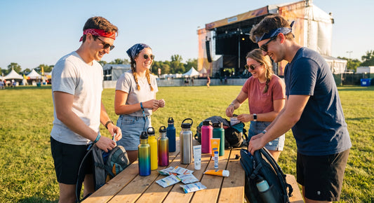 Friends preparing hydration bottles before a hot outdoor concert weekend
