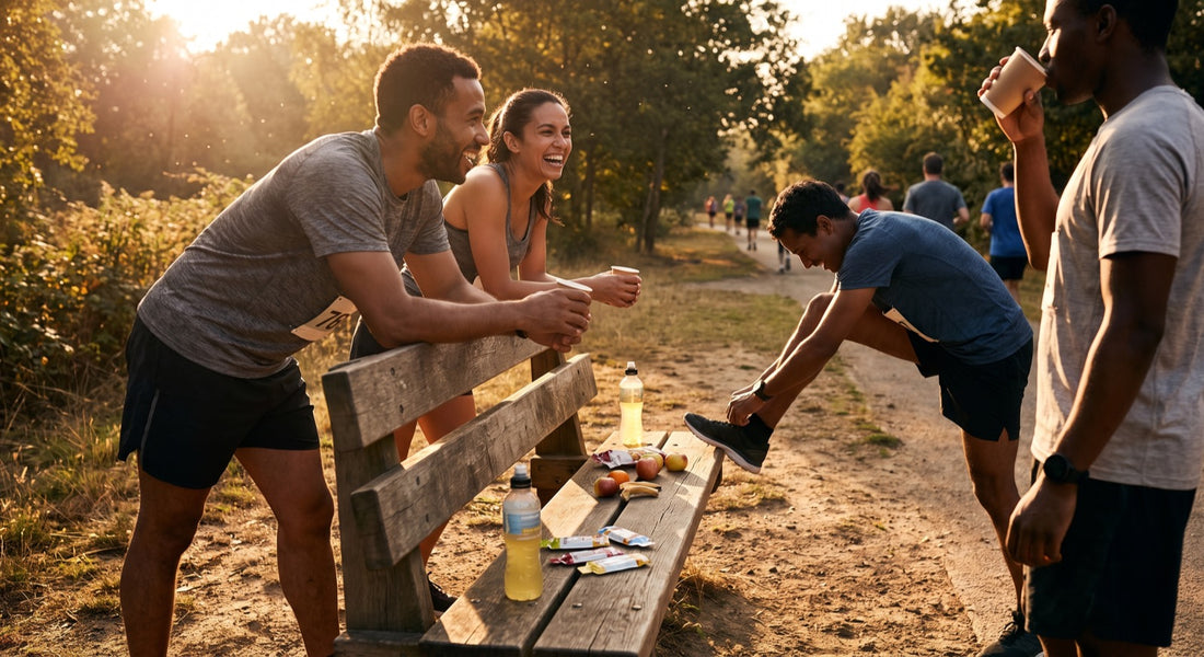 Runners at a training water stop with electrolyte bottle and running nutrition packets